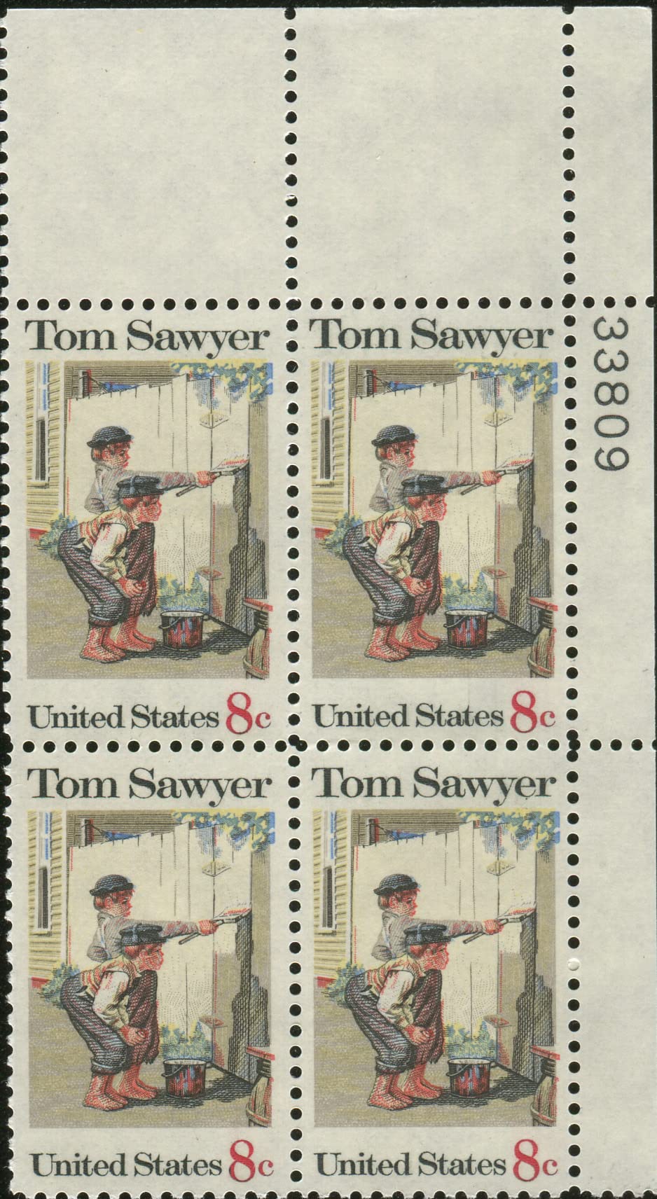 US 1972 Postal Stamps, Tom Sawyer, S# 1470, PB of 4 8 Cent Stamps