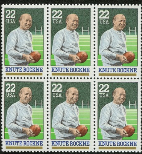 KNUTE ROCKNE ~ NOTRE DAME FOOTBALL #2376 Block of 6 x 22 US Postage Stamps