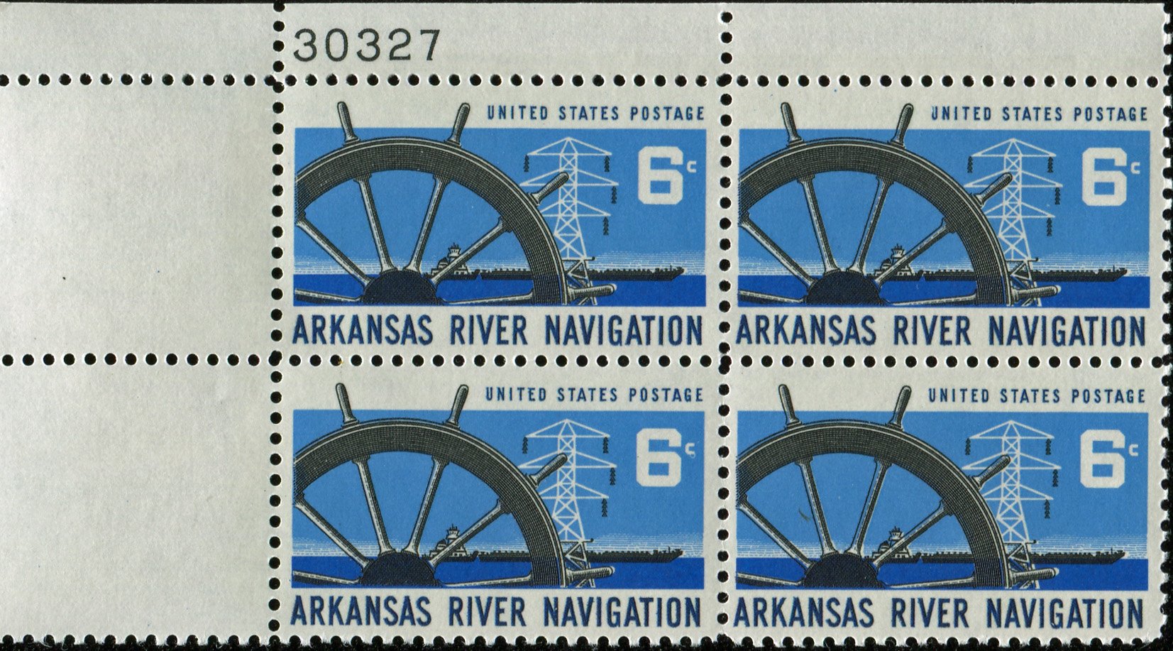 No. 1358 Arkansas River 6 cent U. S. Posatage Stamp Plate Block (4 stamps)
