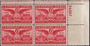 us postage stamps- mnh plate block of 4 x 6 cents- 1949 6c airmail alexandria, va - catalog # c40