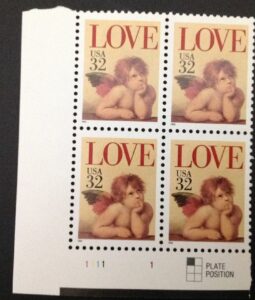 love cherub #2957 plate block of 4 x 32¢ us postage stamps