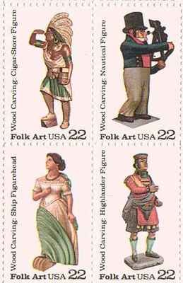 Woodcarved Folk Art Set of 4 x 22 Cent US Postage Stamps NEW Scot 2240-43