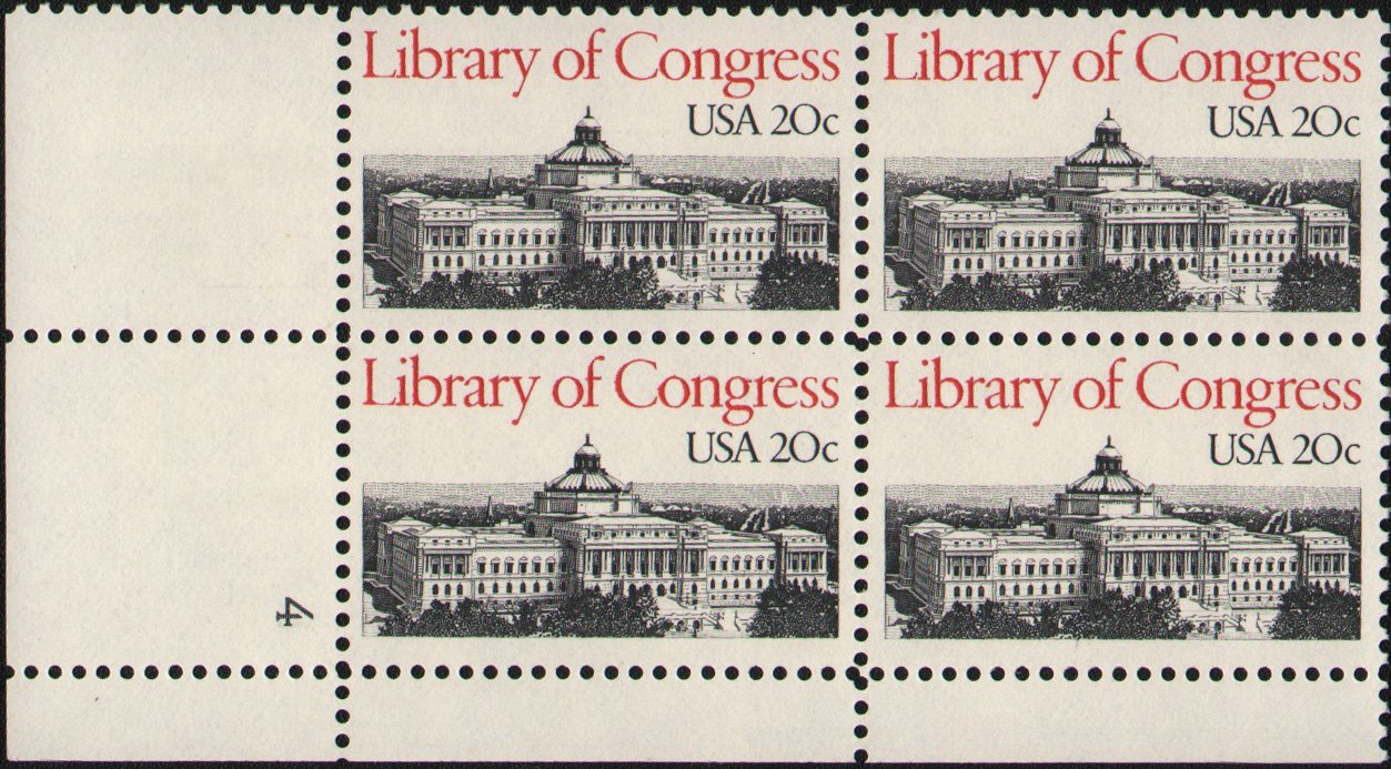 LIBRARY OF CONGRESS ~ THOMAS JEFFERSON BUILDING #2004 Plate Block of 4 x 20¢ US Postage Stamps