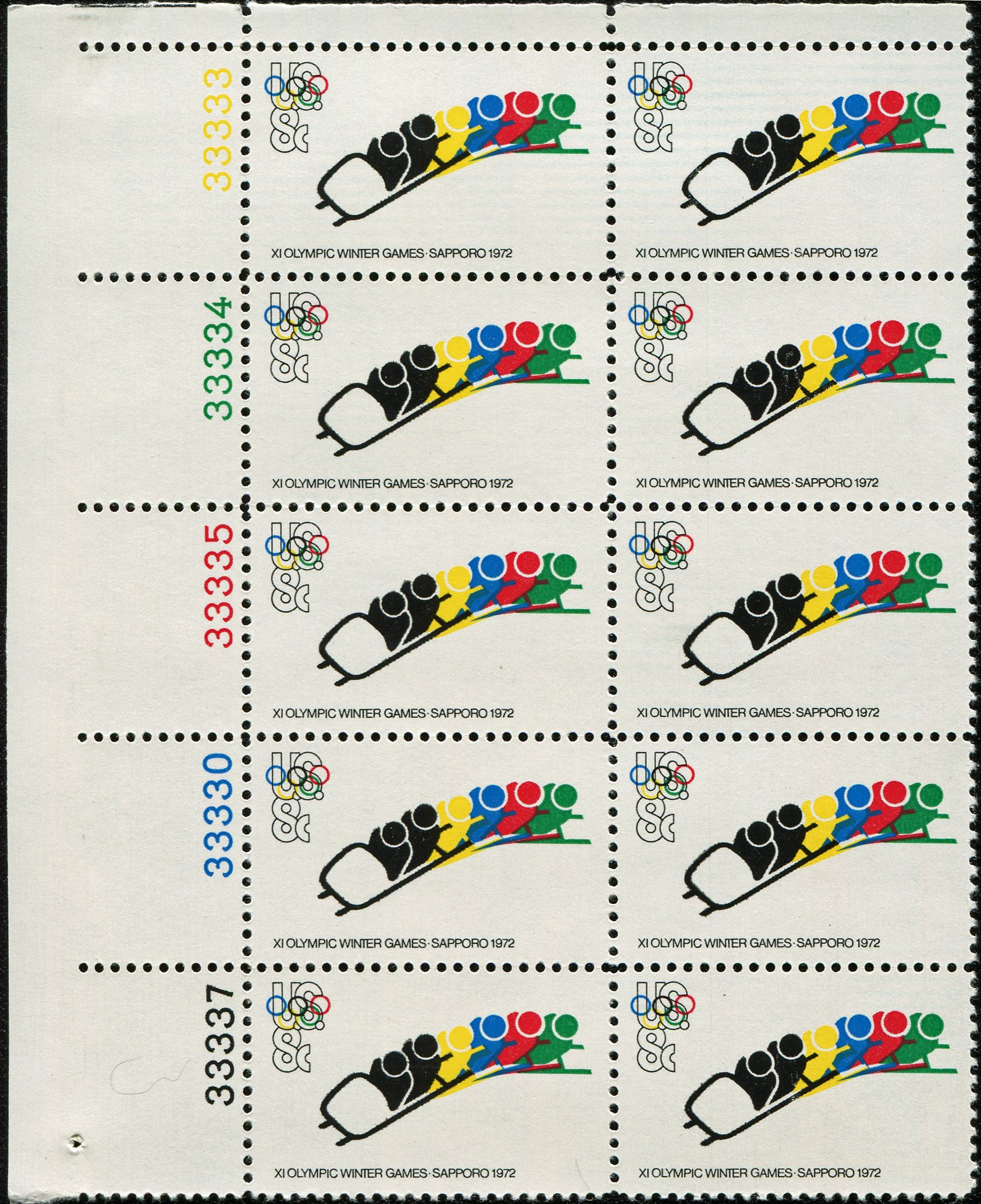 1972 WINTER OLYMPICS ~ BOBSLEDDING ~ SAPPORO JAPAN #1461 Plate Block of 10 x 8¢ US Postage Stamps