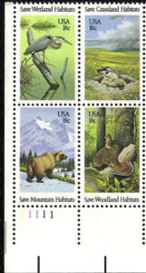 save wildlife habitats ~ wetlands ~ grasslands ~ mountains ~ woodlands #1924a plate block of 4 x 18¢ us postage stamps