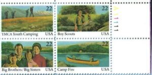 boy scouts, camp fire girls, ymca camping, big brothers, big sisters ~ international youth year #2163a plate block of 4 x 22¢ us postage stamps