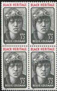 bessie coleman ~ black heritage ~ aviator ~ queen bess ~ pilot #2956 block of 4 x 32¢ us postage stamps