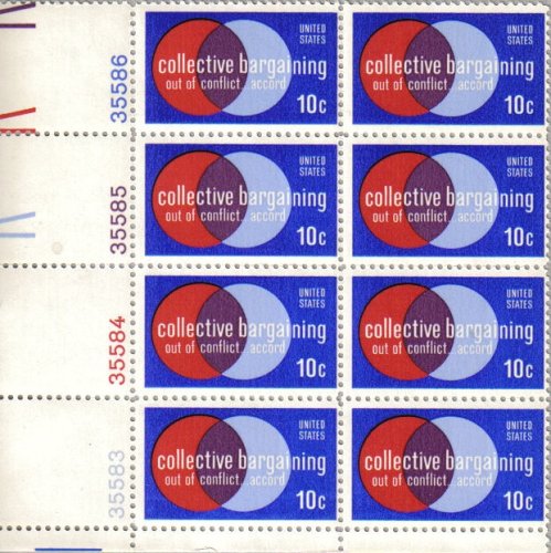 1975 COLLECTIVE BARGAINING ~ UNION #1558 Plate Block of 8 x 10 cents US Postage Stamps