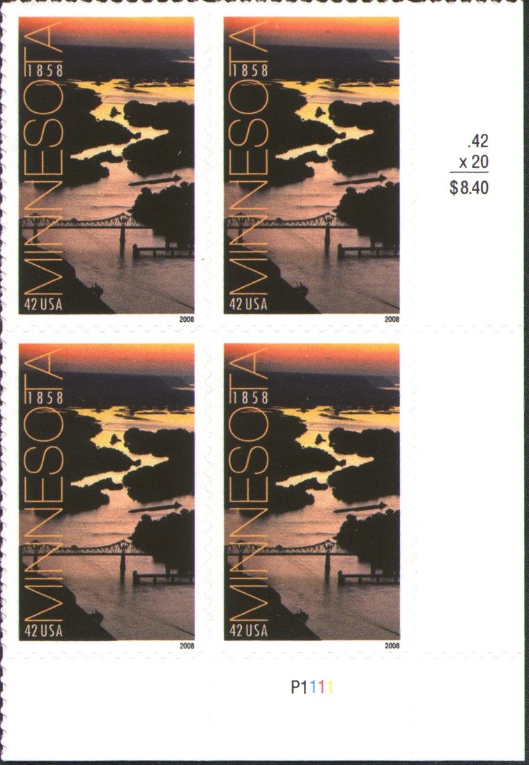 2008 MINNESOTA ~ MISSISSIPPI RIVER #4266 Plate Block of 4 x 42 cents US Postage Stamps