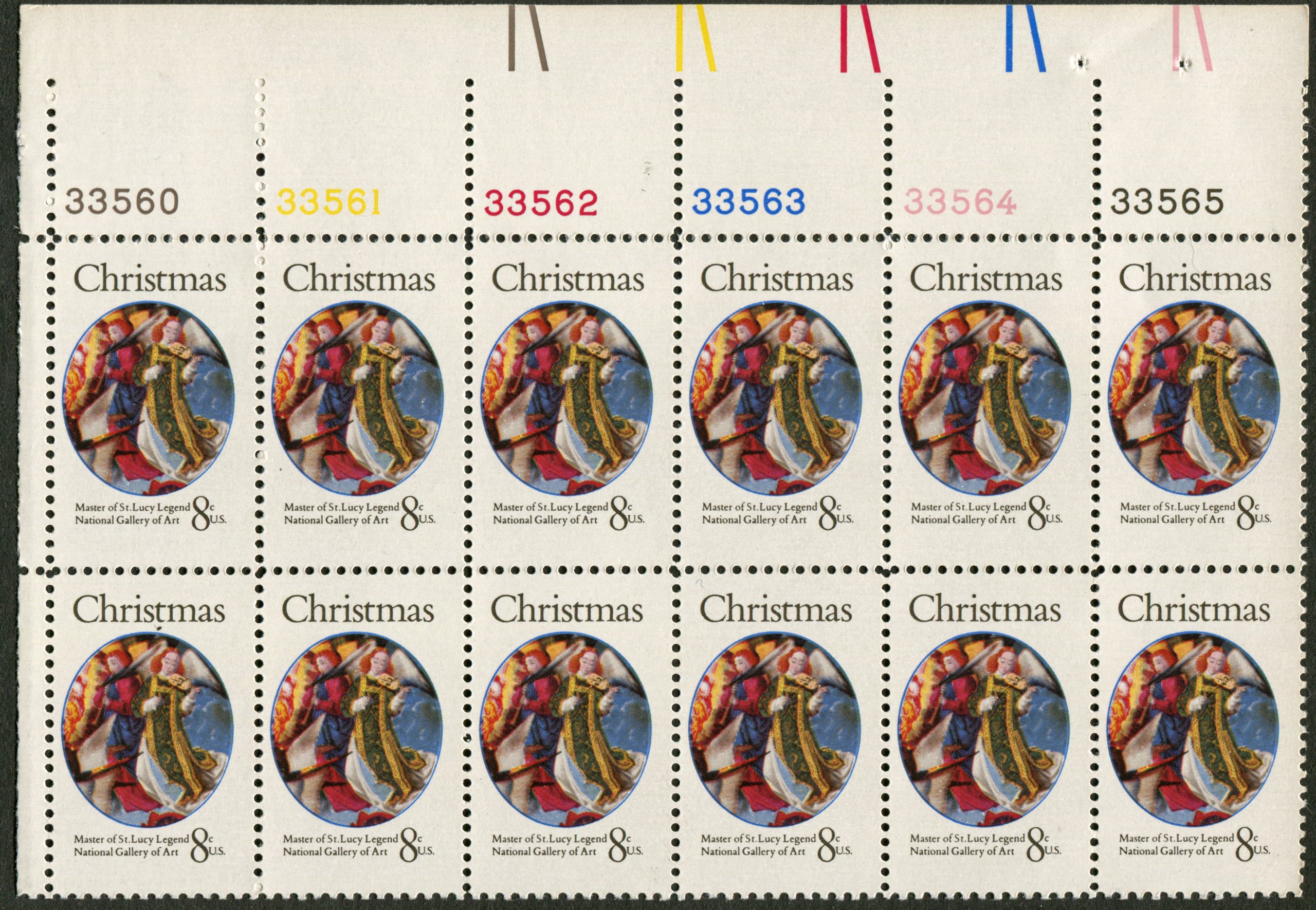 CHRISTMAS ANGELS ~ MASTER OF ST LUCY LEGEND #1471 Plate Block of 12 x 8¢ US Postage Stamps