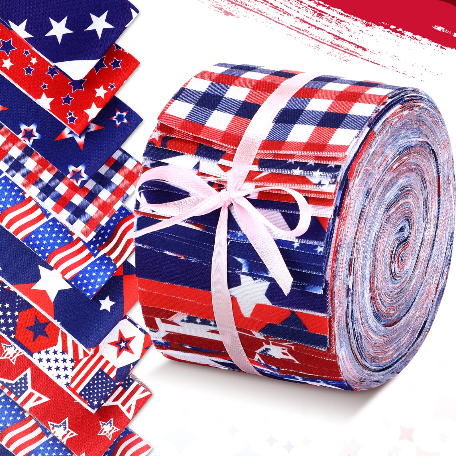 40 Pcs 4th of July Jelly Fabric 2.6 x 40" American Flag Precut Fabric Strips for Quilting Red White and Blue Roll up Patchwork Fabric for Independence Day DIY Sewing Handmade, 8 Styles