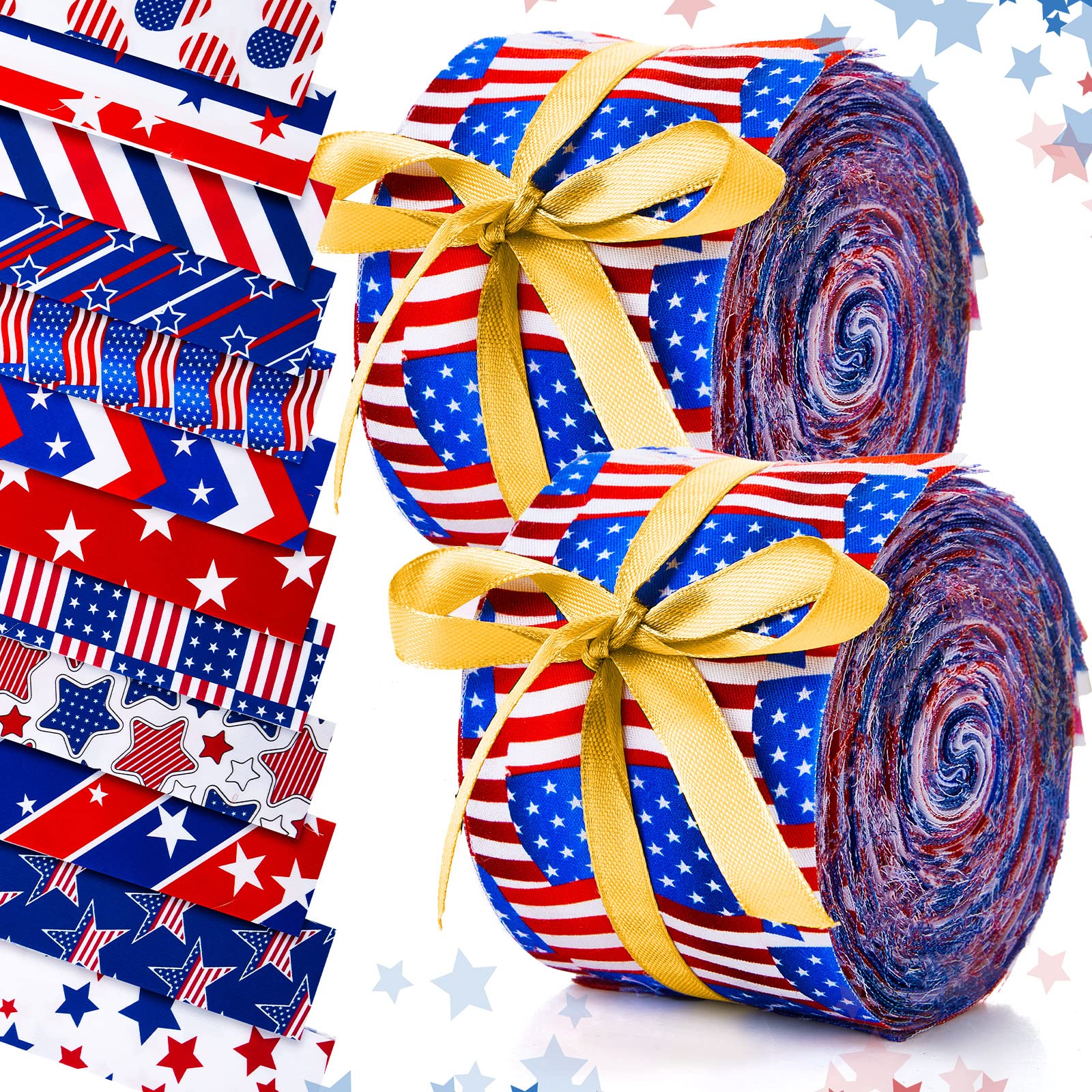 60 Pcs Cotton Jelly 4th of July Fabric Roll Independence Day Fabric Strips Cotton Jelly Fabric Patriotic Quilting Fabric Roll for Sewing DIY Patchwork, 12 Styles