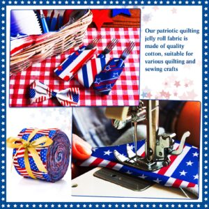 60 Pcs Cotton Jelly 4th of July Fabric Roll Independence Day Fabric Strips Cotton Jelly Fabric Patriotic Quilting Fabric Roll for Sewing DIY Patchwork, 12 Styles