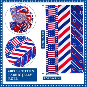 60 Pcs Cotton Jelly 4th of July Fabric Roll Independence Day Fabric Strips Cotton Jelly Fabric Patriotic Quilting Fabric Roll for Sewing DIY Patchwork, 12 Styles