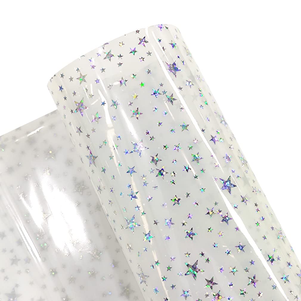 Super Clear Glitter Star PVC Leather Roll, Transparent Star Printed Synthetic Leather 0.5mm Thickness for DIY Projects Sewing Craft 12" x 53" (White)