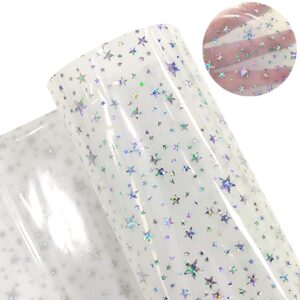 Super Clear Glitter Star PVC Leather Roll, Transparent Star Printed Synthetic Leather 0.5mm Thickness for DIY Projects Sewing Craft 12" x 53" (White)
