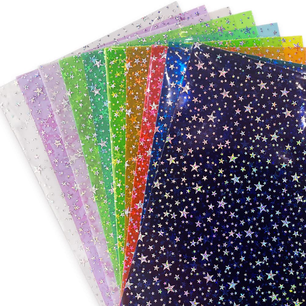 XHT 10 Pcs Sparkle PVC Vinyl Fabric, 8.3"x11.8" Clear Laser Star Printed Waterproof Jelly Vinyl for Hair Bows Earrings Crafts