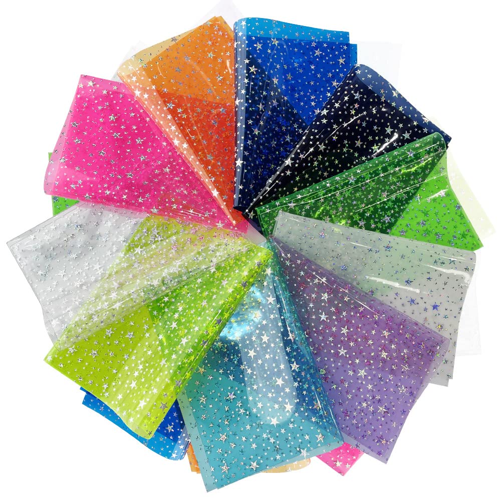 XHT 10 Pcs Sparkle PVC Vinyl Fabric, 8.3"x11.8" Clear Laser Star Printed Waterproof Jelly Vinyl for Hair Bows Earrings Crafts