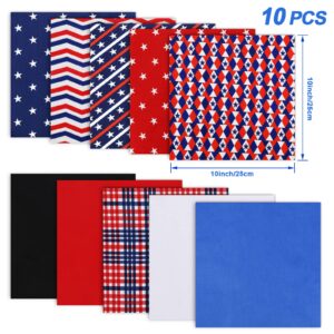 Whaline 10Pcs Patriotic Cotton Fabric Bundles Red Blue White Plaid Stripe Star Printed Fat Quarters Quilting Patchwork Squares Sewing Fabrics for DIY Handmade Crafting Home Party Decor, 10 x 10 Inch