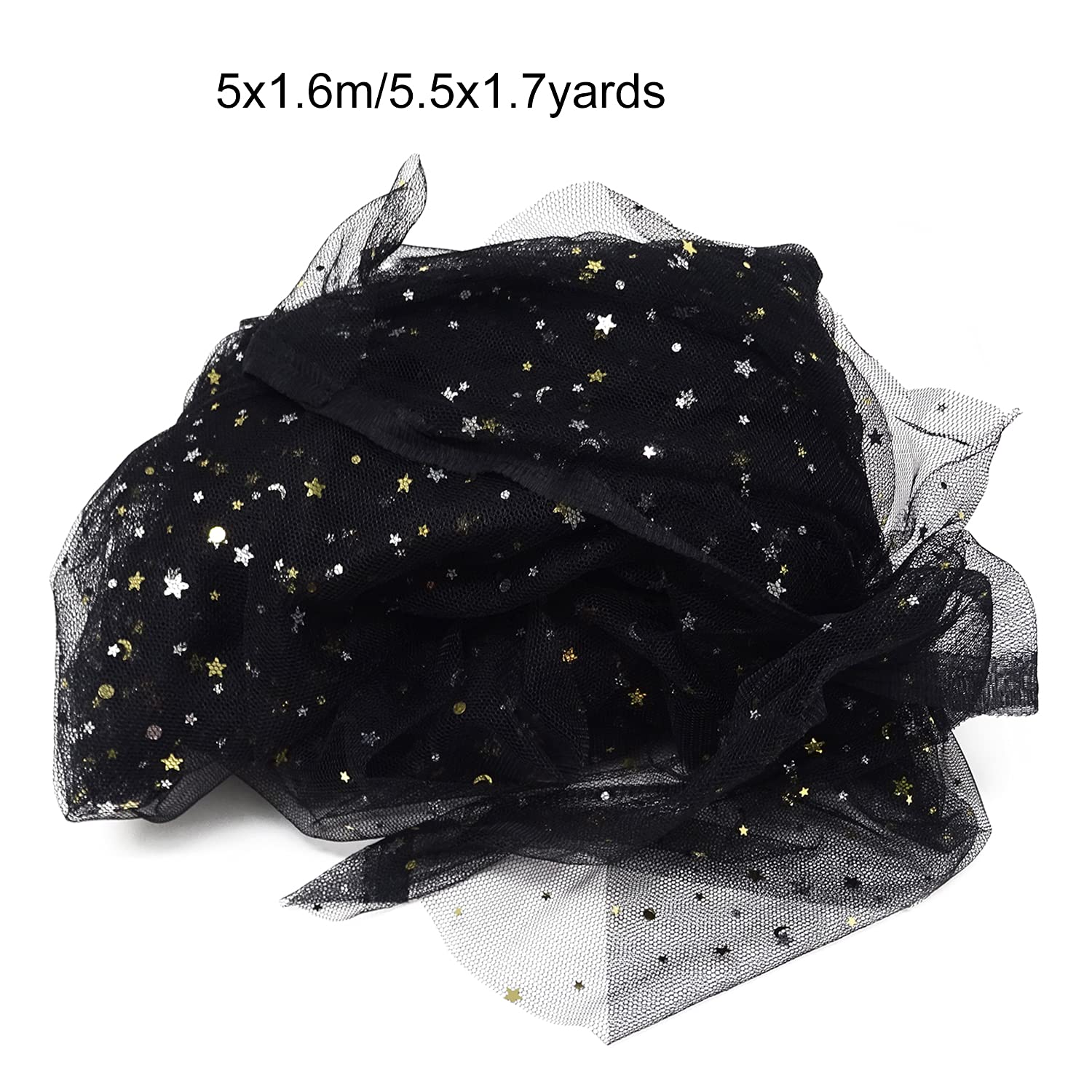 Honbay 5.5x1.7Yards Glitter Star Moon Sequin Tulle Net Yarn for Background Decoration or DIY Crafts Making (White) (Black)