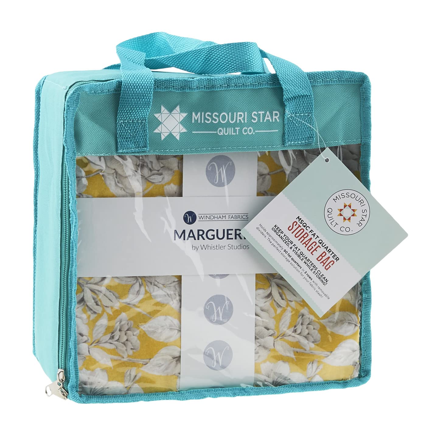 Missouri Star Storage Bag for Precut Fabrics for Quilting Sewing Box Organizer Holds Fat Quarters, Charm Packs, Layer Cakes Canvas Carrying Case with Removable Dividers, Small Aqua (NOT4996)