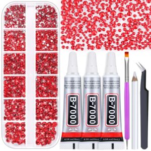 Audab Red Rhinestone with B7000 Adhesive Glue for Craft, 2100Pcs Flat Back Rhinestones Crystal Gems with Dotting Tools Clear Craft Glue for Clothes Fabric Shoes Jewelry Making Nail Art Makeup