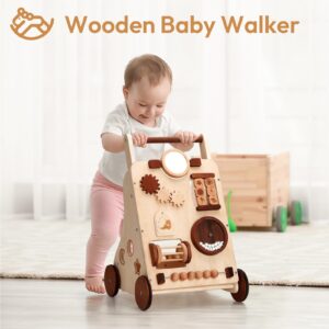 Woodtoe Wooden Baby Walker, Adjustable Push and Pull Learning Activity Center Walker Toy, Natural Wood Sit to Stand Walker for Baby Learning to Walk, Educational Birthday Gift for Toddler Boy Girl 1+