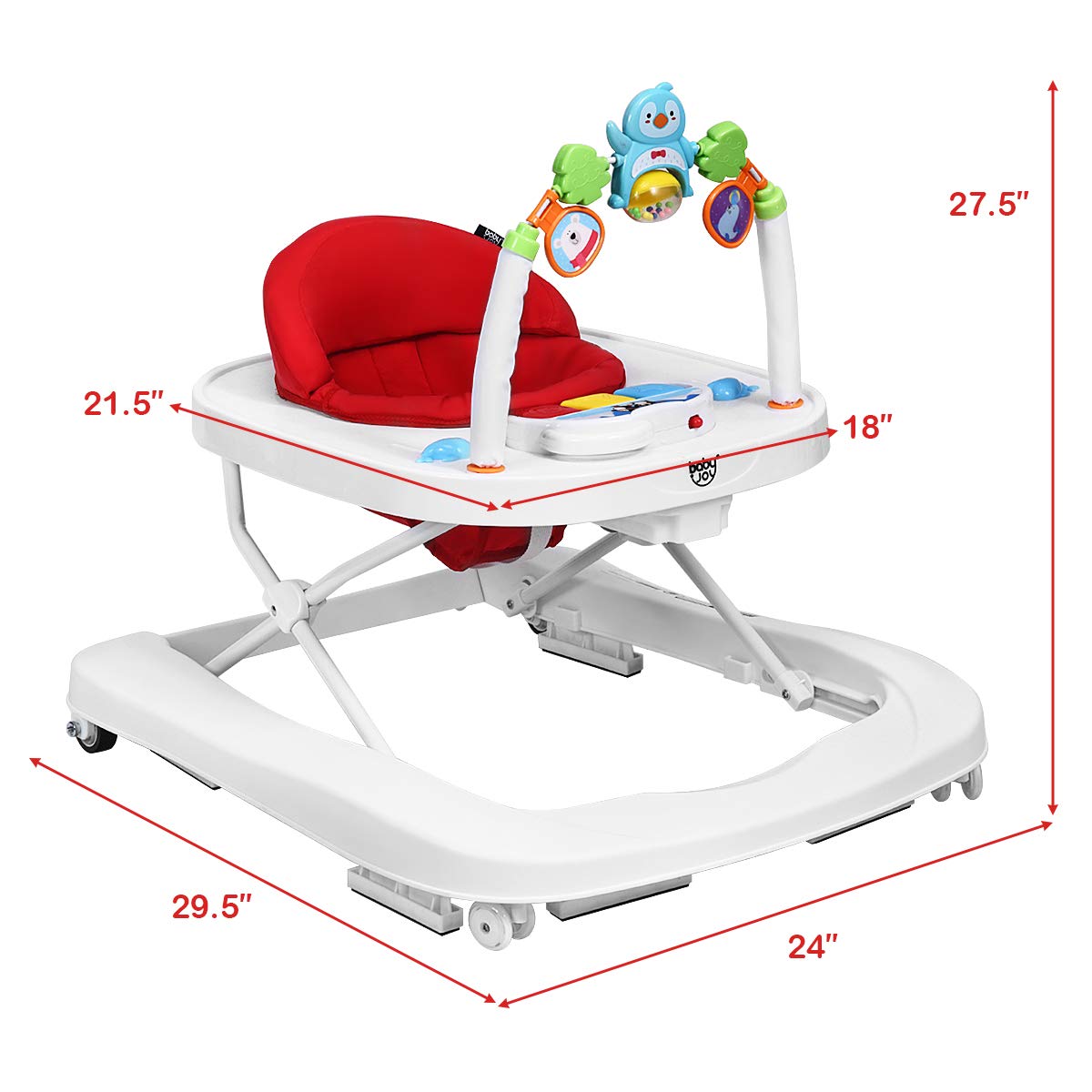 BABY JOY Baby Walker, 2 in 1 Foldable Activity Behind Walker with Adjustable Height & Speed, Friction Control Functions, Safety Belt, High Back Padded Seat, Music, Detachable Penguin Play Bar (Red)