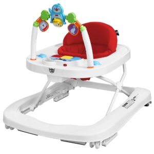 baby joy baby walker, 2 in 1 foldable activity behind walker with adjustable height & speed, friction control functions, safety belt, high back padded seat, music, detachable penguin play bar (red)