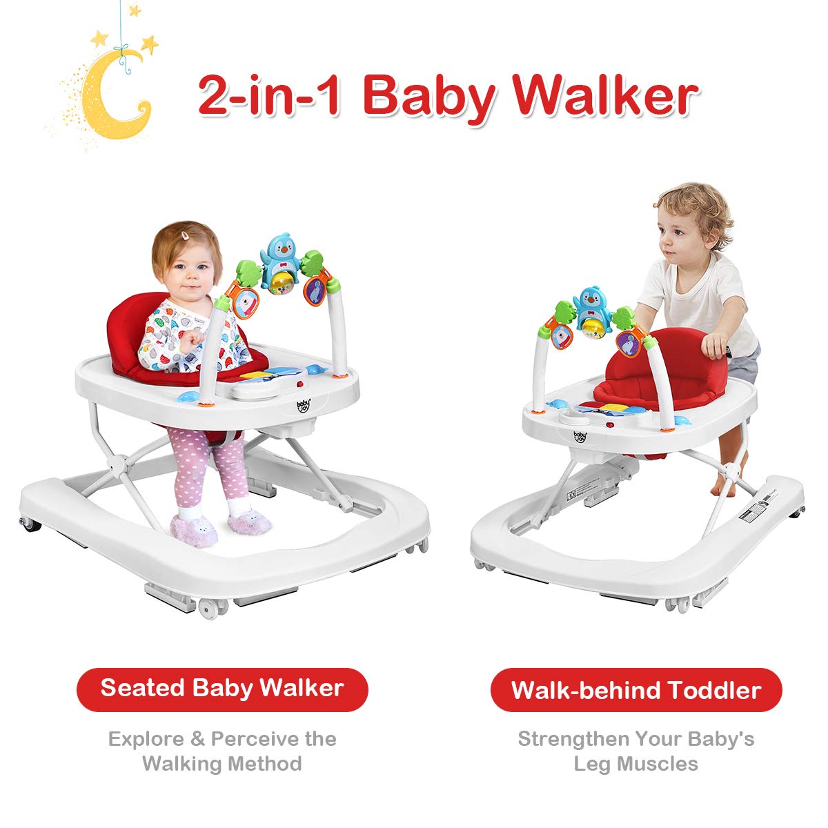 BABY JOY Baby Walker, 2 in 1 Foldable Activity Behind Walker with Adjustable Height & Speed, Friction Control Functions, Safety Belt, High Back Padded Seat, Music, Detachable Penguin Play Bar (Red)