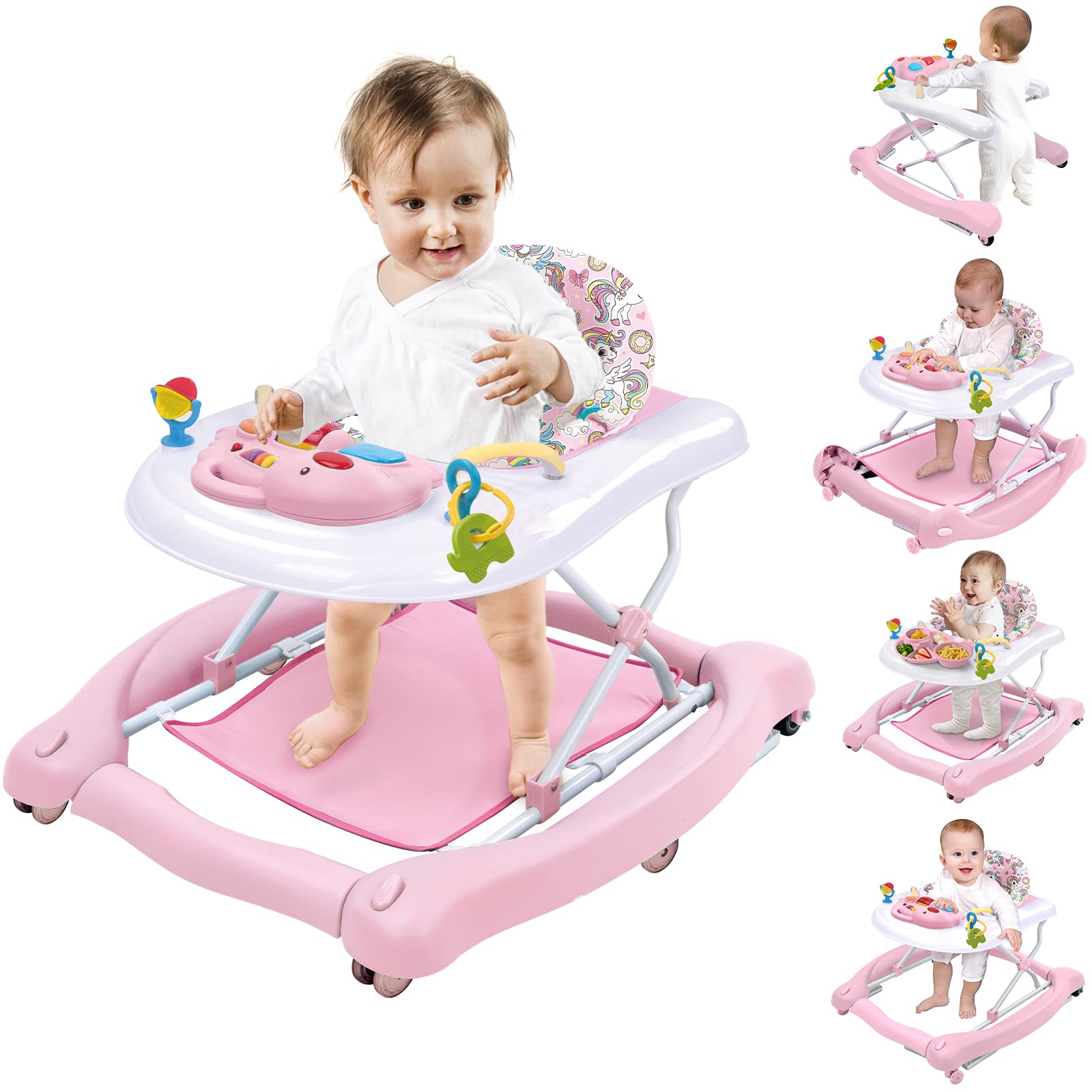 5 in 1 Foldable Baby Walker, Activity Baby Walker-Baby Bouncer, Rocker, Activity Center,Seat and Push Walker,Detachable Trampoline Mat, Adjustable Speed Rear Wheels and Height,Ages 6-18 Months(Pink)