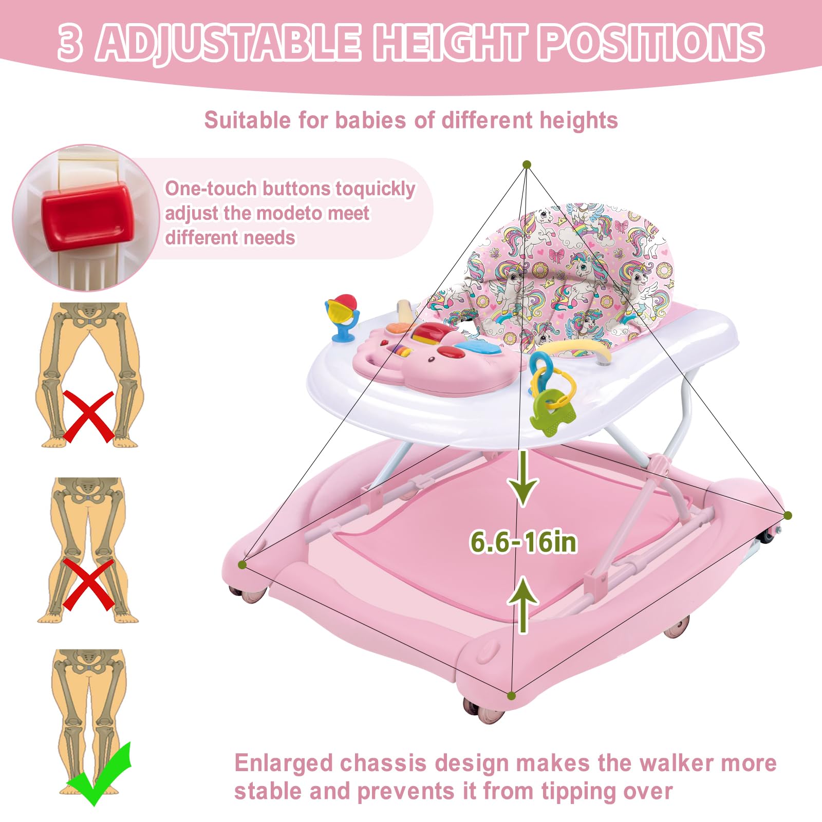 5 in 1 Foldable Baby Walker, Activity Baby Walker-Baby Bouncer, Rocker, Activity Center,Seat and Push Walker,Detachable Trampoline Mat, Adjustable Speed Rear Wheels and Height,Ages 6-18 Months(Pink)