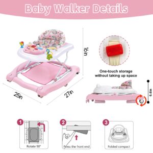 5 in 1 Foldable Baby Walker, Activity Baby Walker-Baby Bouncer, Rocker, Activity Center,Seat and Push Walker,Detachable Trampoline Mat, Adjustable Speed Rear Wheels and Height,Ages 6-18 Months(Pink)