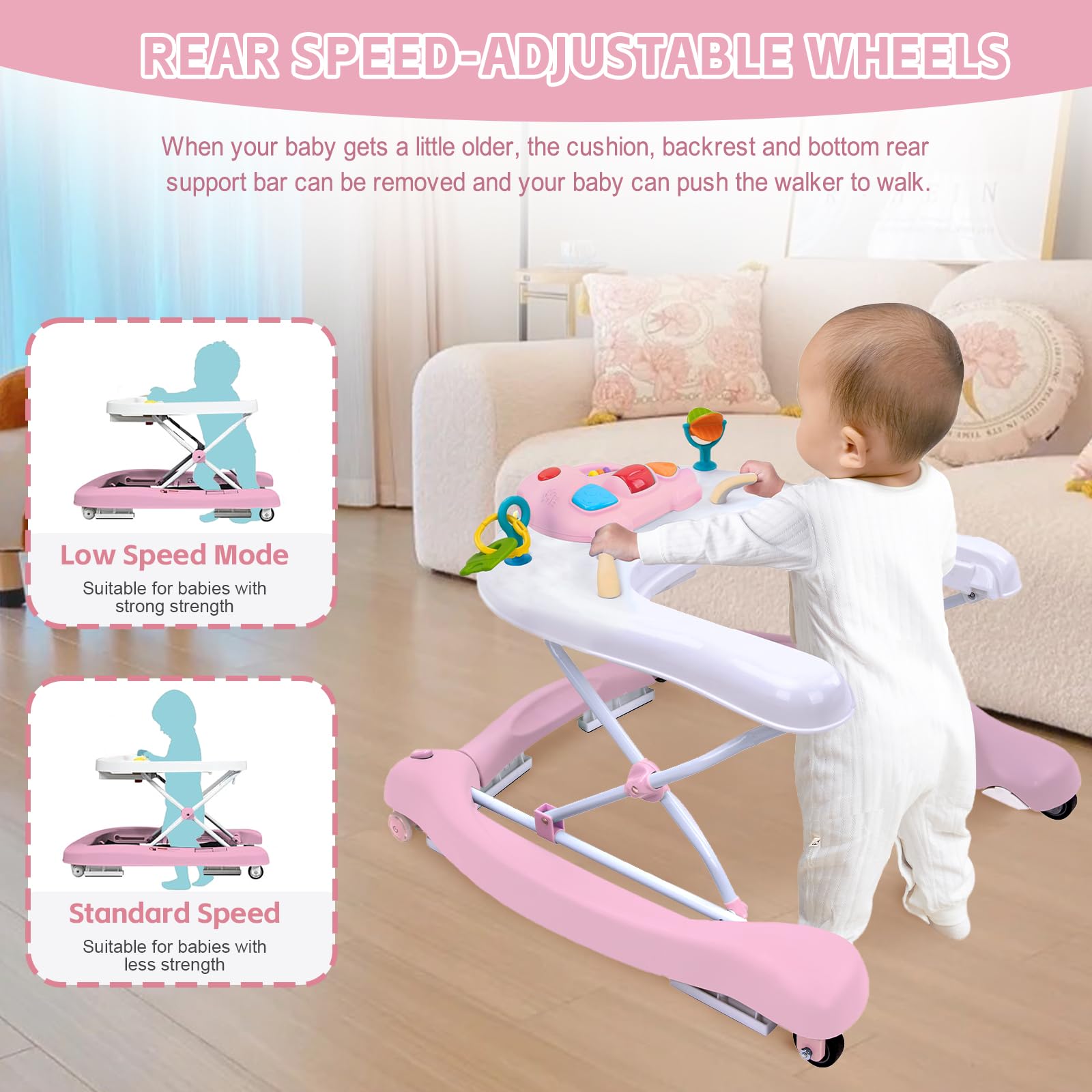 5 in 1 Foldable Baby Walker, Activity Baby Walker-Baby Bouncer, Rocker, Activity Center,Seat and Push Walker,Detachable Trampoline Mat, Adjustable Speed Rear Wheels and Height,Ages 6-18 Months(Pink)