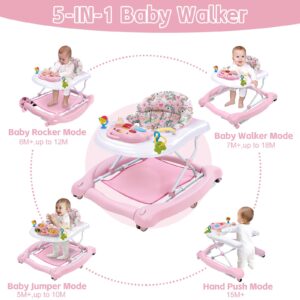 5 in 1 Foldable Baby Walker, Activity Baby Walker-Baby Bouncer, Rocker, Activity Center,Seat and Push Walker,Detachable Trampoline Mat, Adjustable Speed Rear Wheels and Height,Ages 6-18 Months(Pink)