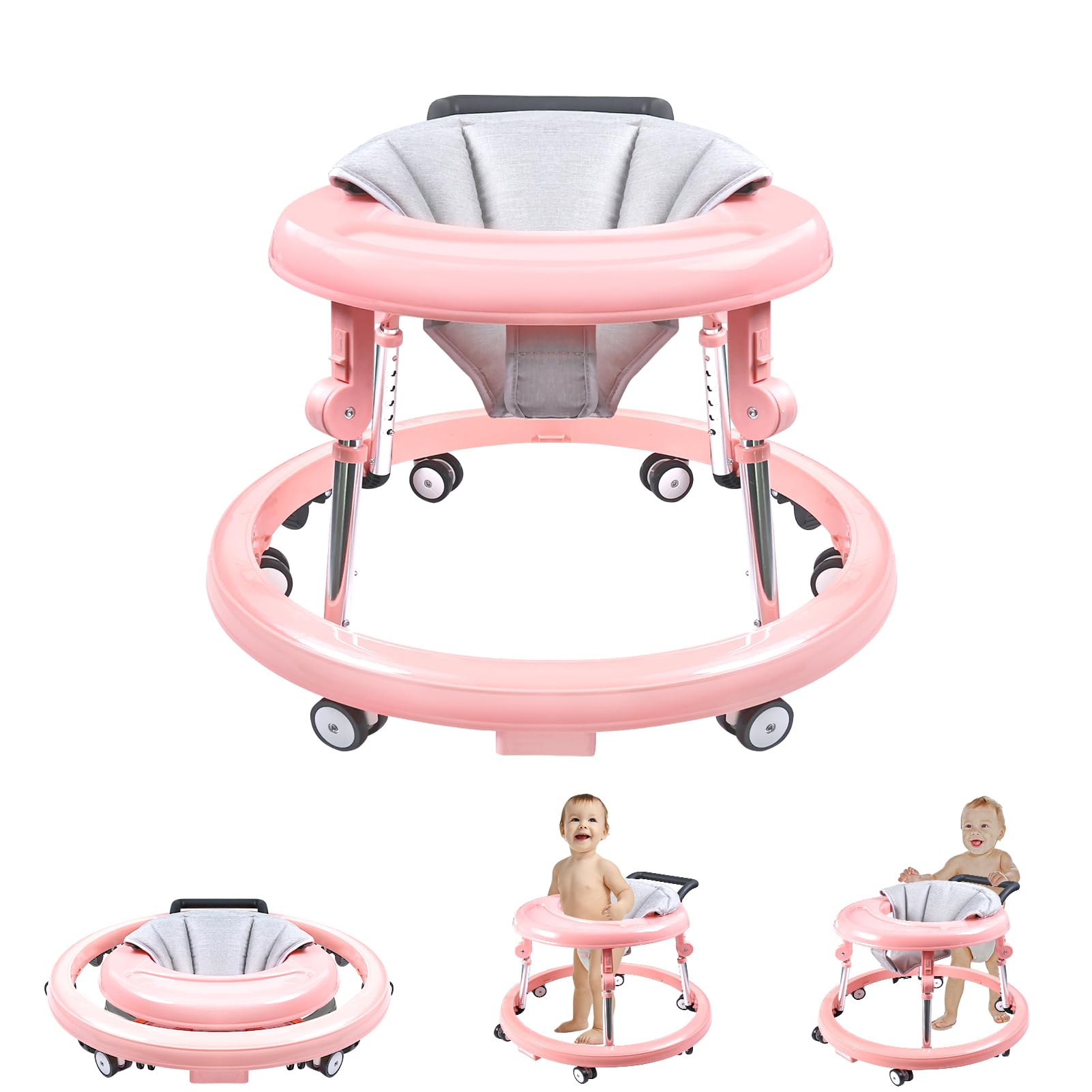 Baby Walker with Wheels, Activity Center with Mute Wheels Anti-Rollover, 5-Position Height Adjustable Foldable Baby Walker for Boys and Girls from 6-18 Months with Footrest