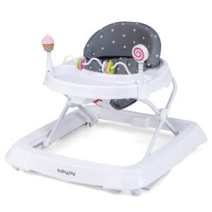 BABY JOY Baby Walker, Foldable Activity Walker Helper with Adjustable Height, Baby Activity Walker with High Back Padded Seat & Bear Toys (Gray, Star Pattern)