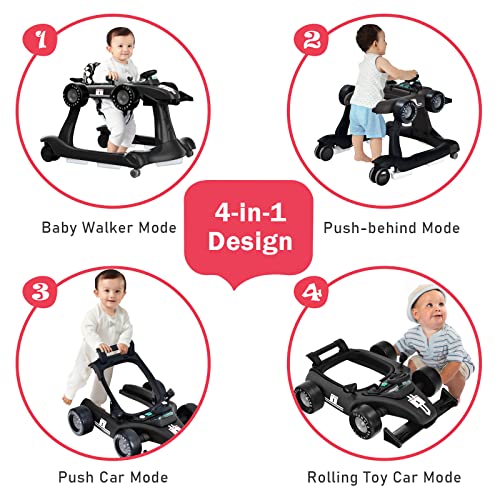 BABY JOY 4-in-1 Baby Walker, Foldable Activity Walker with Adjustable Height & Speed, Music, Lights, Anti-Rollover, Toddler Push Walker, Baby Walker with Wheels for Boys Girls 6-18 Months (Black)