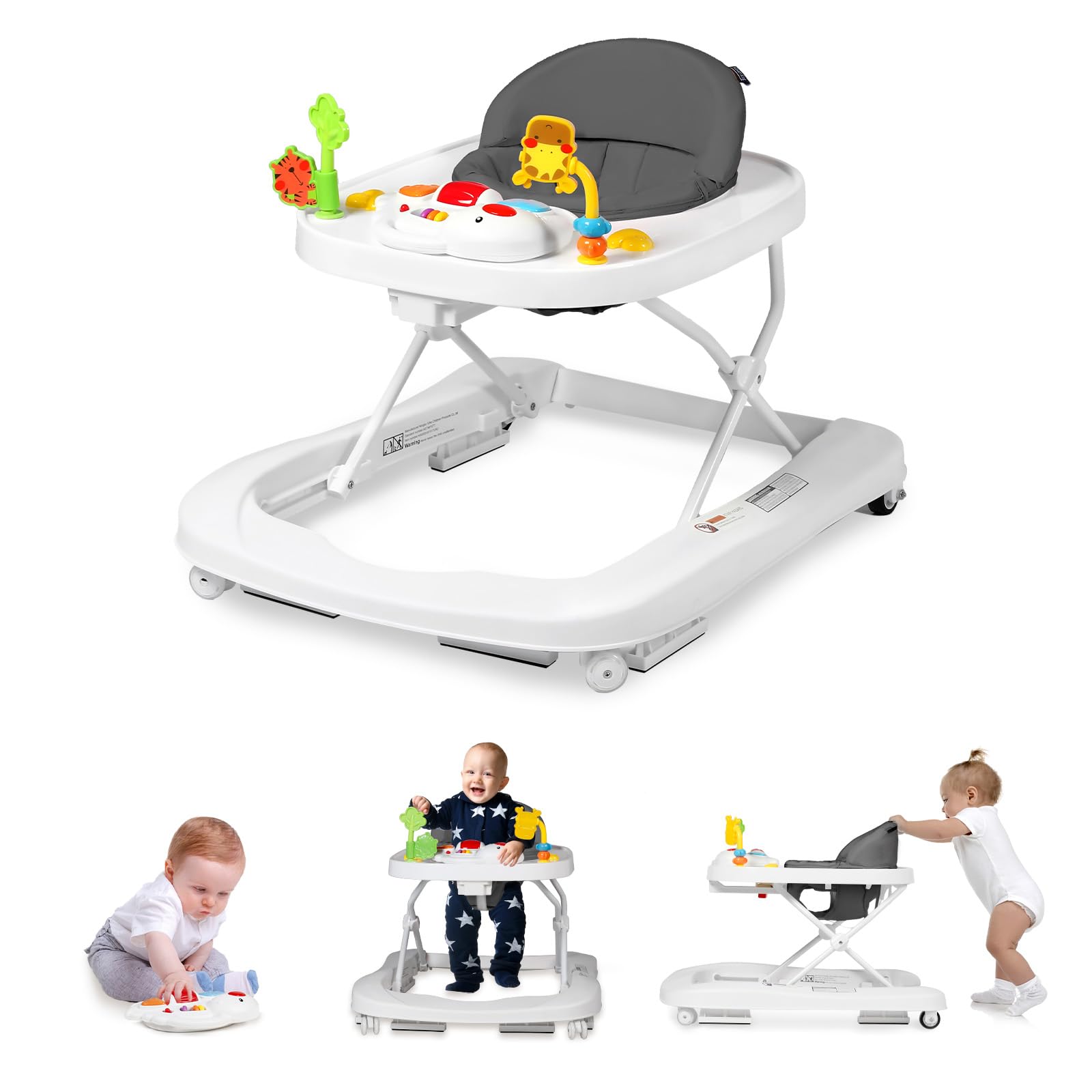 TODEFULL Foldable Baby Walker, 3 in 1 Baby Activity Center for Boys Girls, Toddler Walker w/Adjustable Height Speed, Learning-Seated & Walk-Behind, Infant Walker for 6-12 Months, Music Toys, Grey