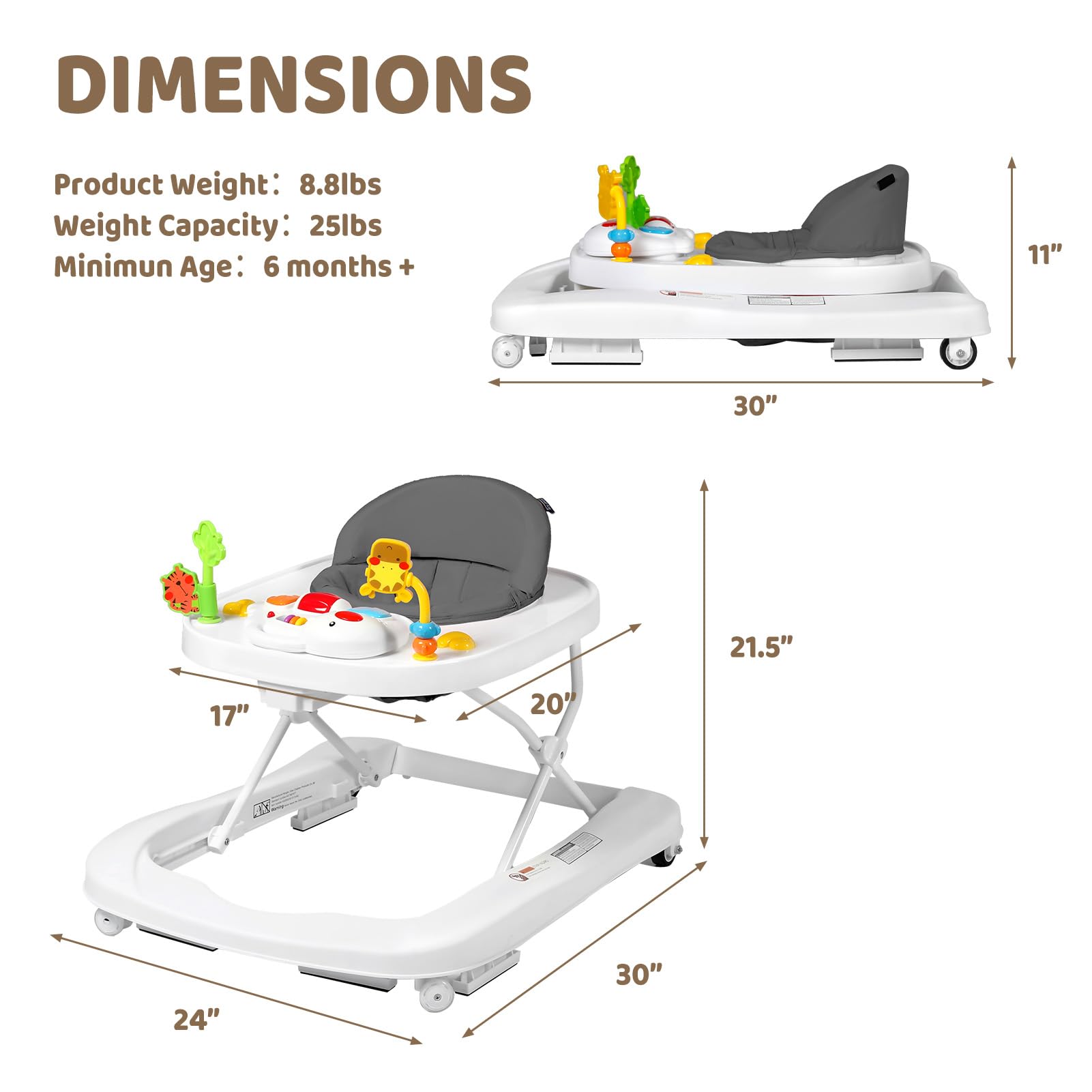 TODEFULL Foldable Baby Walker, 3 in 1 Baby Activity Center for Boys Girls, Toddler Walker w/Adjustable Height Speed, Learning-Seated & Walk-Behind, Infant Walker for 6-12 Months, Music Toys, Grey