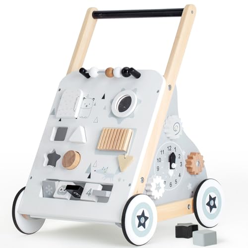 Wooden Baby Walker, Toddler Push and Pull Learning Activity Walker for Boys and Girls, Montessori Toys for 1+ Year Old, Kids Multi-Activity Learning Walker with Wheels