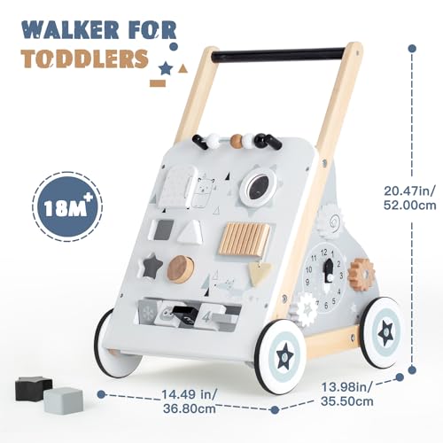 Wooden Baby Walker, Toddler Push and Pull Learning Activity Walker for Boys and Girls, Montessori Toys for 1+ Year Old, Kids Multi-Activity Learning Walker with Wheels