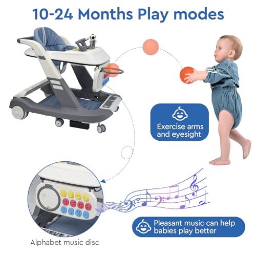 HAPYOOY 4 in 1 Folding Baby Walker, Activity Walker for Boys Girls, Learning-Seated, Toddler Walk-Behind w/Music Toys, Adjustable Height & Speed, Safety Bumper, Infant Walker Anti-Rollover