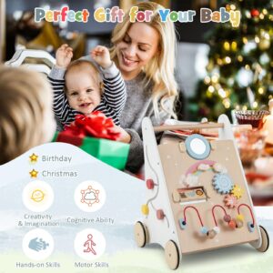 HONEY JOY Baby Push Walker, Wooden Infant Walker Activity Center with Shape Sorter, Develop Motor Skills & Creativity, Push Toys for Babies Learning to Walk, Gift for Boys and Girls (Natural)