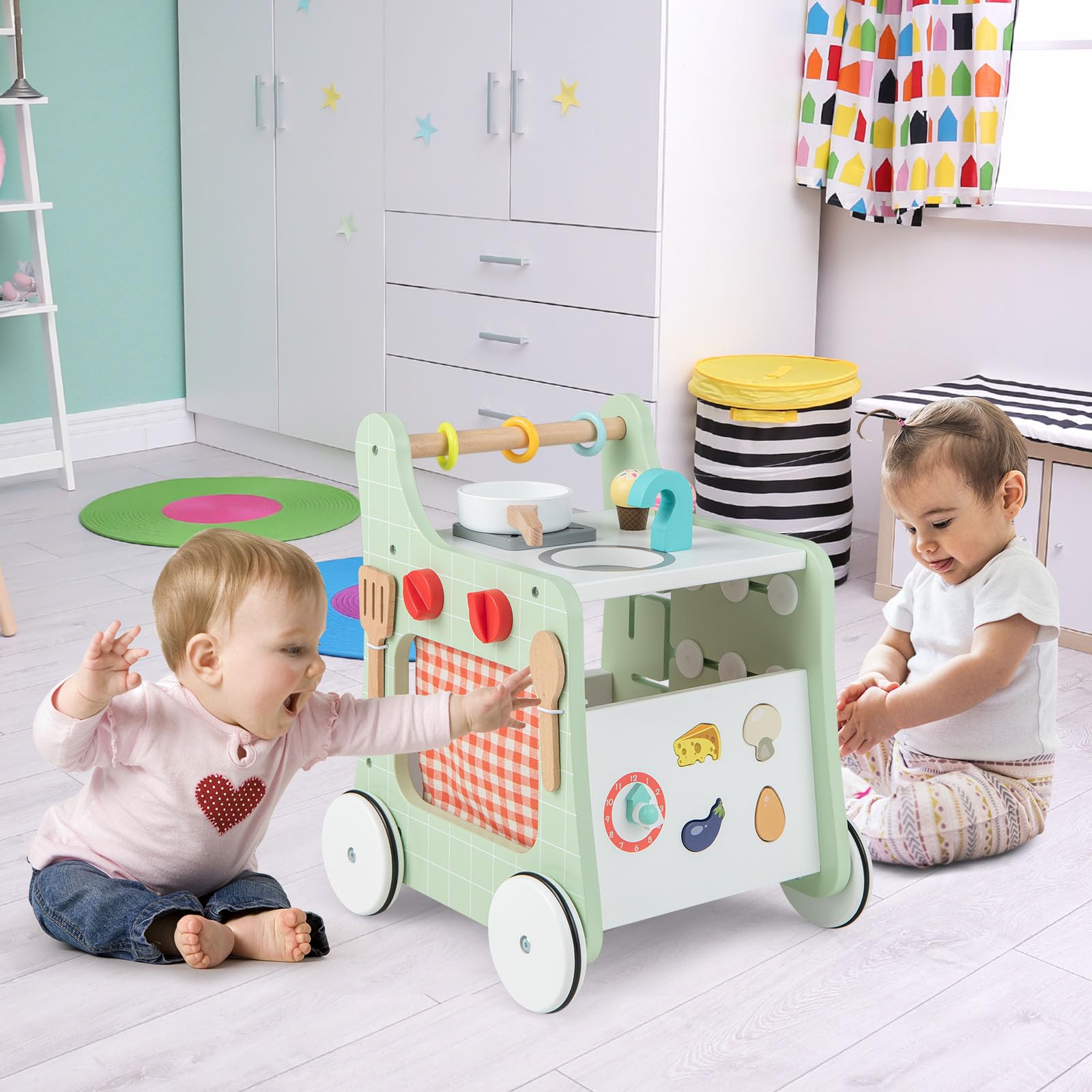 HONEY JOY Baby Push Walker, 6-in-1 Wooden Play Kitchen Walker Activity Center w/Shape Sorter, Develop Motor Skills & Creativity, Push Toys for Babies Learning to Walk, Gift for Boys and Girls