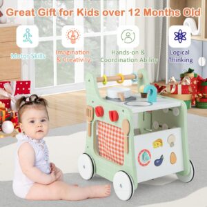 HONEY JOY Baby Push Walker, 6-in-1 Wooden Play Kitchen Walker Activity Center w/Shape Sorter, Develop Motor Skills & Creativity, Push Toys for Babies Learning to Walk, Gift for Boys and Girls