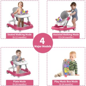 (Rose-red) Baby Walker, 6-Gear Height Adjustable Foldable Baby Walkers and Activity Center, Baby Walker with Wheels, Infant Toddler Walker with Music Disk, Baby Walkers for Baby Boys and Girls