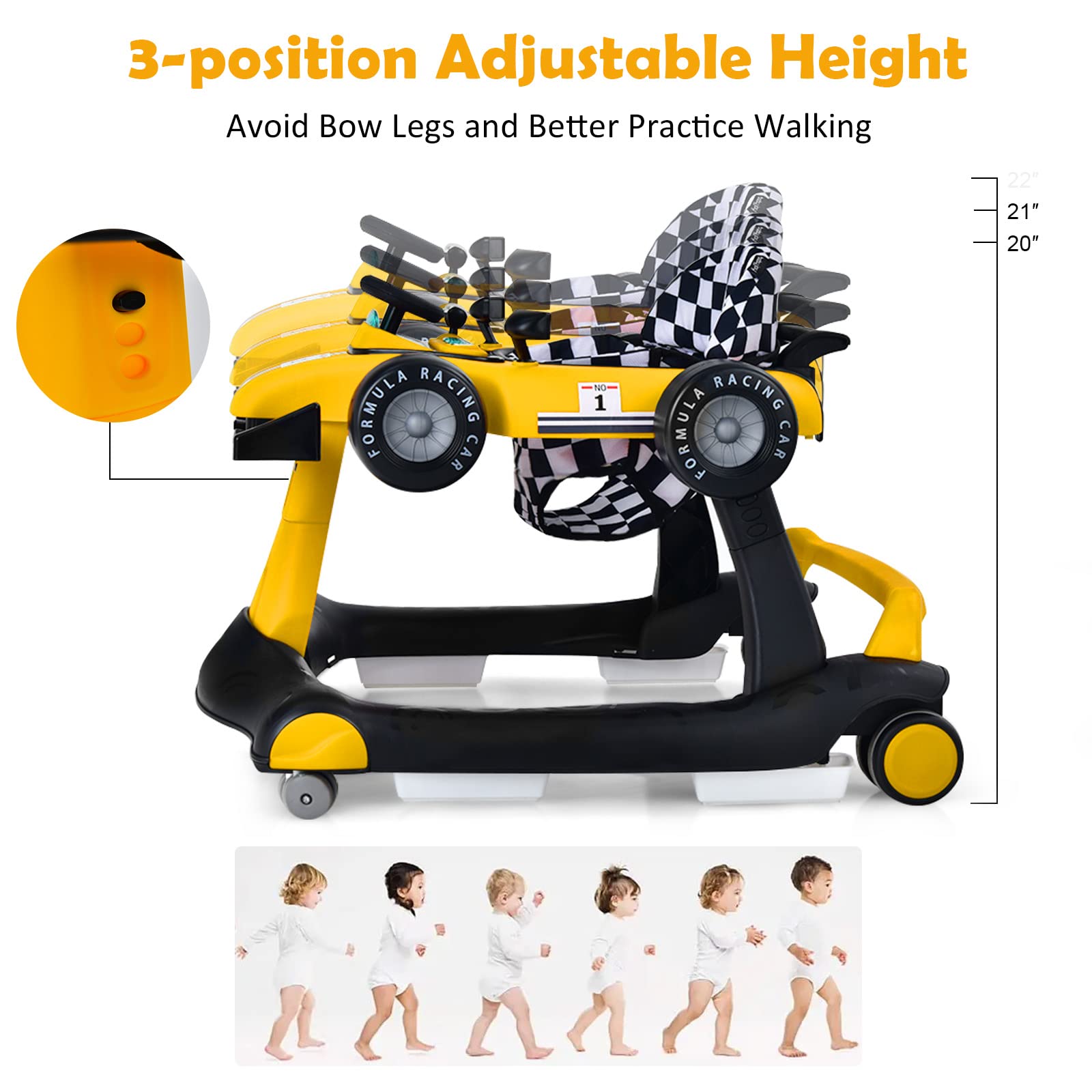 HONEY JOY 4-in-1 Baby Walker, Activity Push Walker w/3 Adjustable Heights, Smooth Wheels w/Adjustable Speed, Padded Seat, Music & Light, Foldable Car Walker for Baby Boys Girls Age 6 Months+ (Yellow)