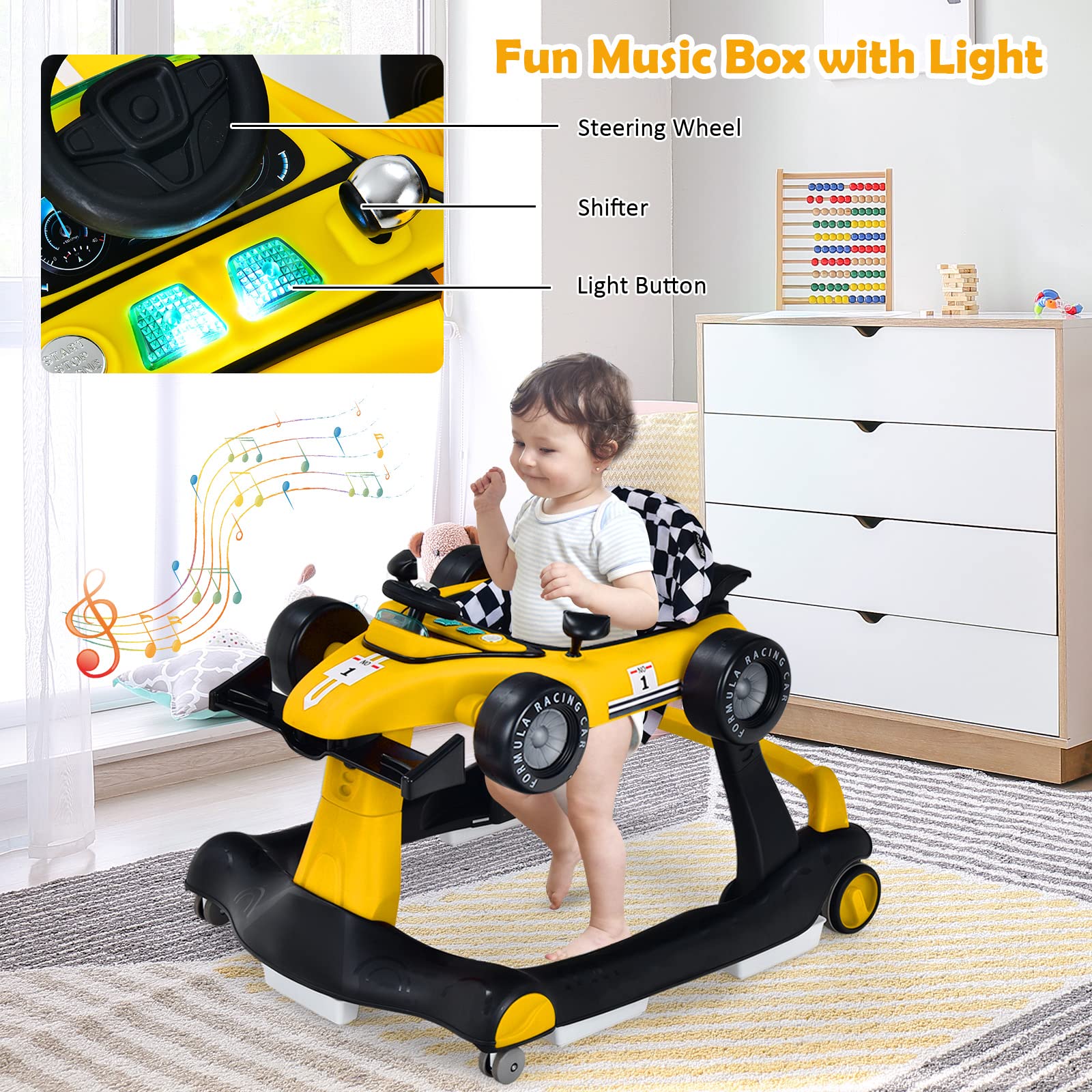 HONEY JOY 4-in-1 Baby Walker, Activity Push Walker w/3 Adjustable Heights, Smooth Wheels w/Adjustable Speed, Padded Seat, Music & Light, Foldable Car Walker for Baby Boys Girls Age 6 Months+ (Yellow)