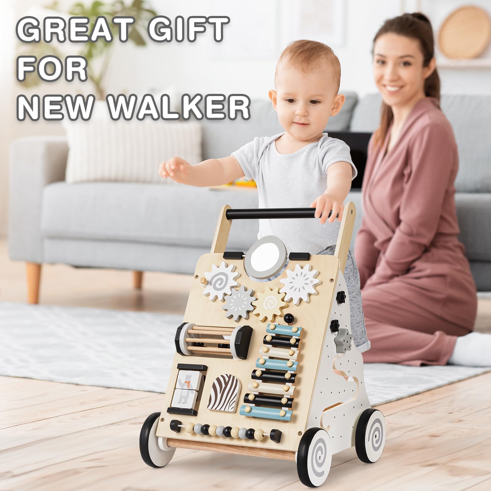 Wooden Baby Walker, Adjustable Speed Toddler Push Walker Activity Center Toy with Shape Sorter Gift for Boy Girl 1 2 3 Year Old, Push Toys for Babies Learning to Walk, infant walker for 6-12-18 Months